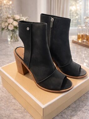 Women's Black Peep-Toe Block Heel Ankle Boots